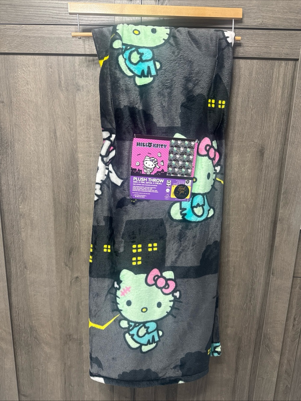 New Hello Kitty Halloween Frankie & Mummy 50" x 70" Black Plush Throw Blanket